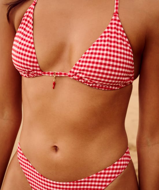 Triangle bikini top with textured gingham pattern and chili pendant;