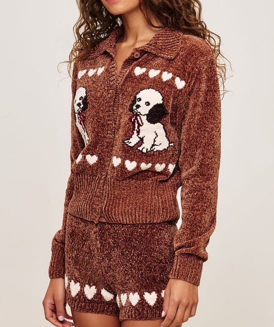 Cardigan en maille chenille motif chien;