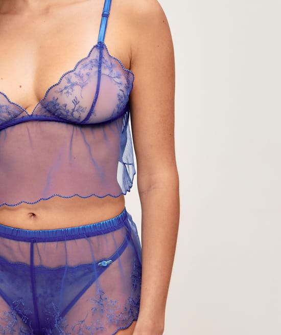 Mesh cami top with floral embroidery;