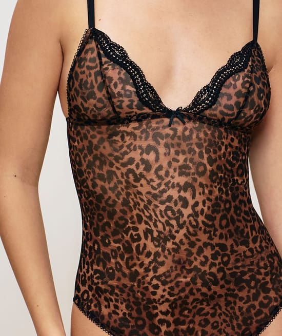 Leopard mesh bodysuit;