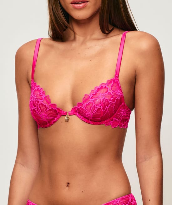 Lace balconette bra with floral embroidery and jewel detail;