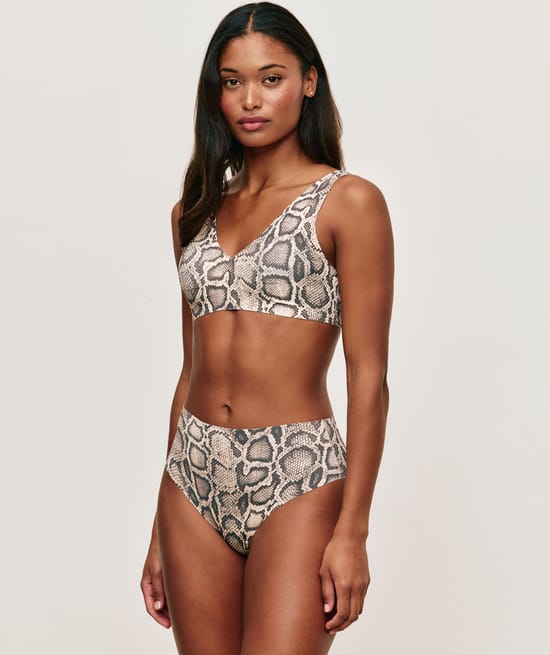 High-waisted seamless microfibre thong with snake print;