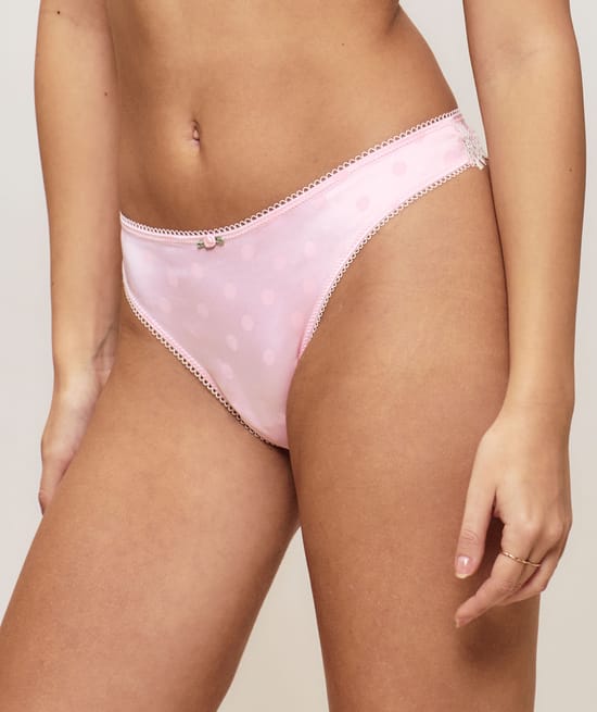 Satin and lace thong with polka dot pattern;