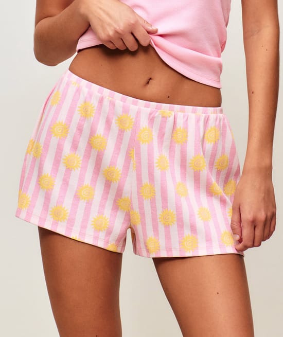 Striped ribbed jersey shorts with sun prints;