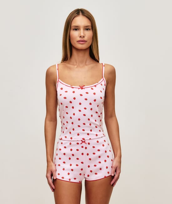 Strawberry print jersey shorts;