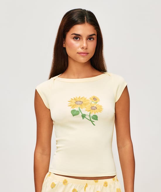 Short sleeve printed jersey t-shirt with sunflowers;