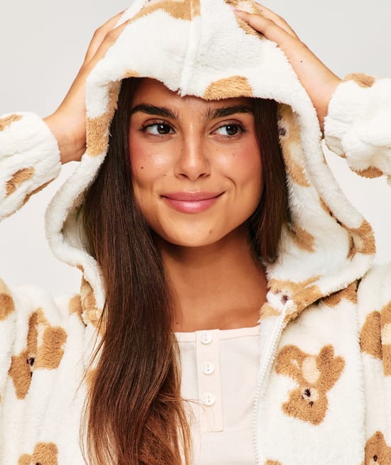 Veste polaire &agrave; capuche imprim&eacute; oursons;