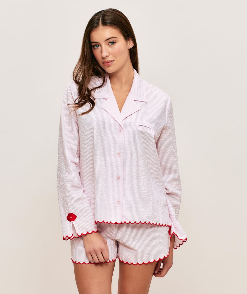 Short en coton &agrave; rayures motifs bouches;