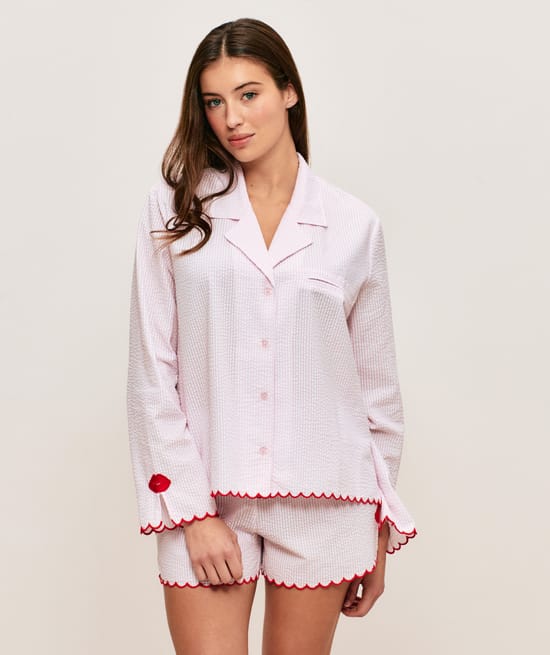 Short en coton &agrave; rayures motifs bouches;