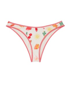 Fruit and flower patterned thong bikini bottom;