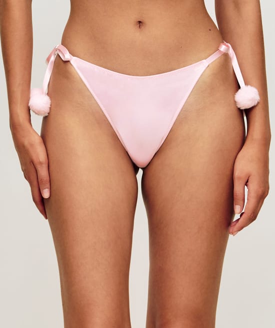 Satin thong with pompom;