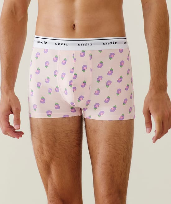 Purple patterned boxer shorts;