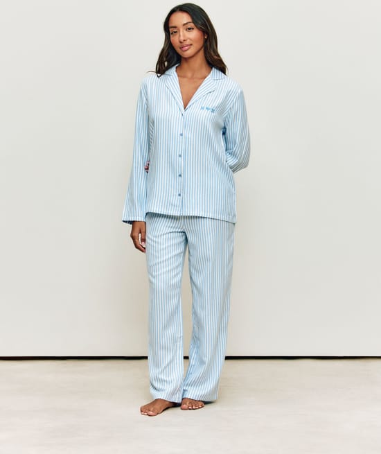 Striped flannel trousers;