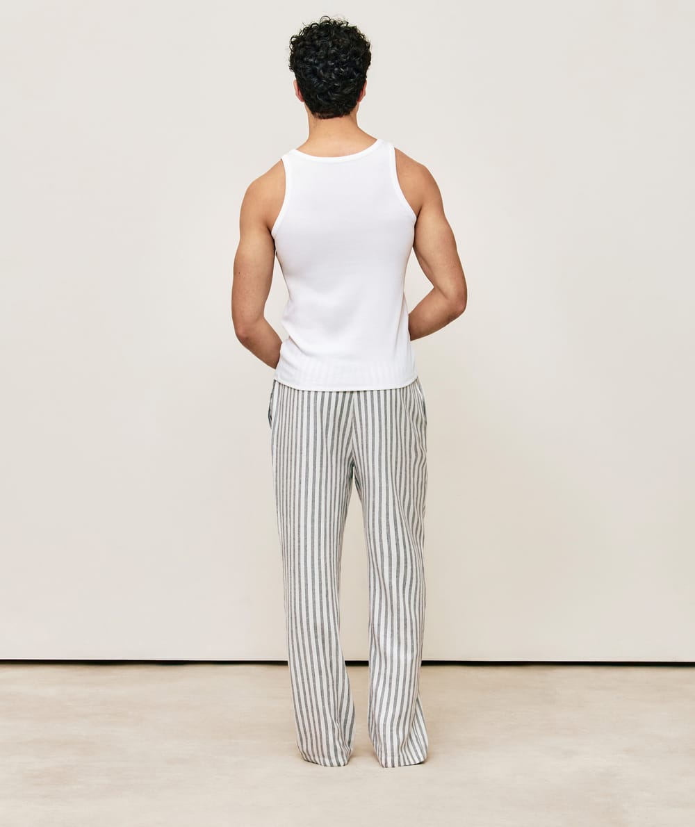Striped flannel trousers;