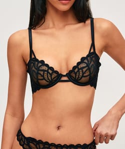Mesh balconette bra with floral embroidery;