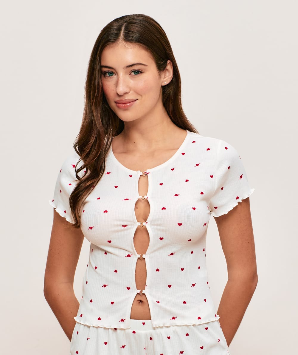 Top en jersey c&ocirc;tel&eacute; motifs c&oelig;urs;