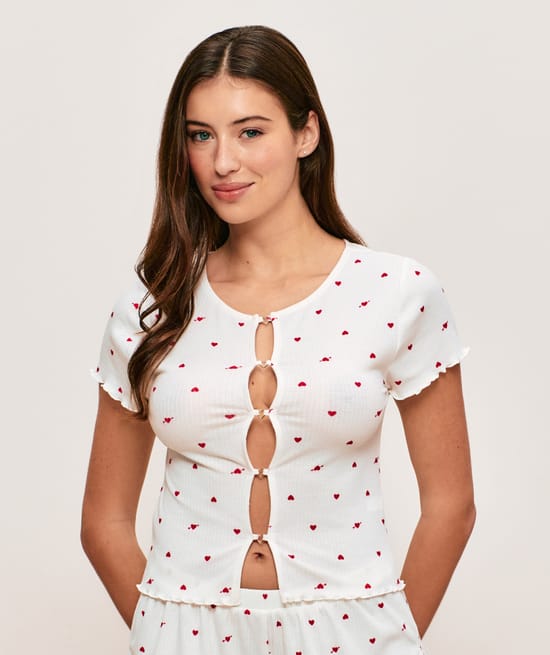 Top en jersey c&ocirc;tel&eacute; motifs c&oelig;urs;