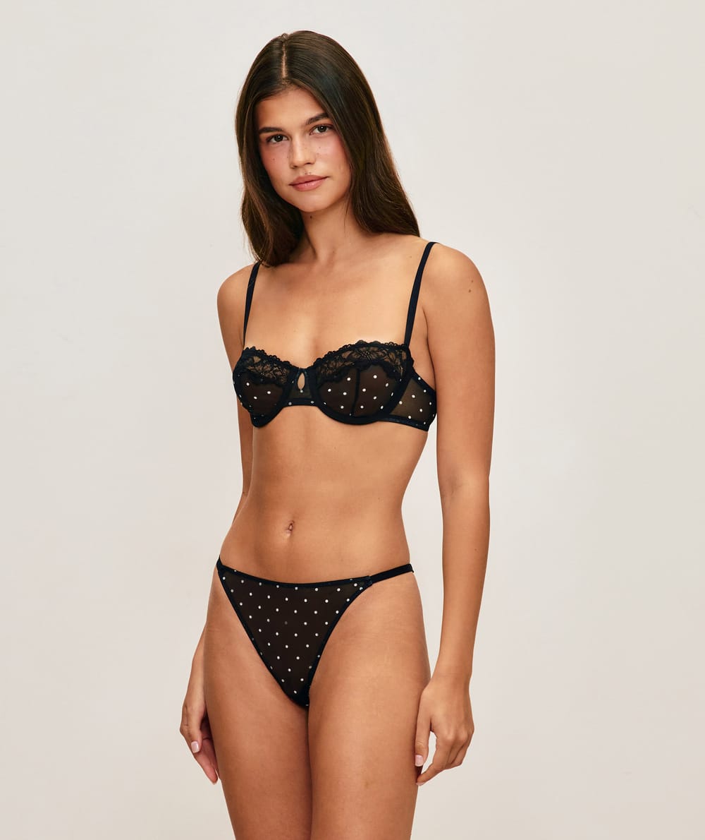 Demi-cup bra in printed polka dot mesh;
