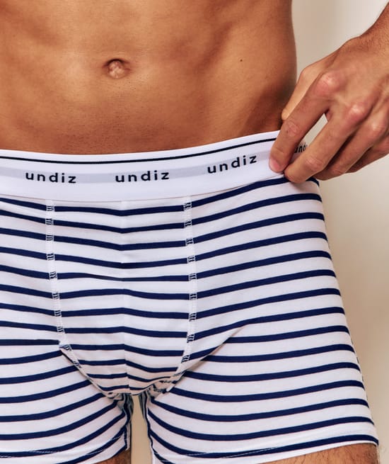 Blue horizontal striped boxer shorts;