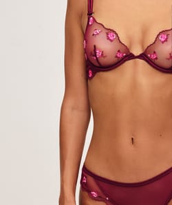 Embroidered mesh balconette bra;