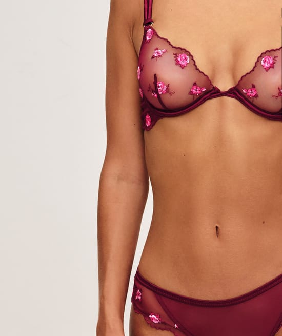 Embroidered mesh balconette bra;