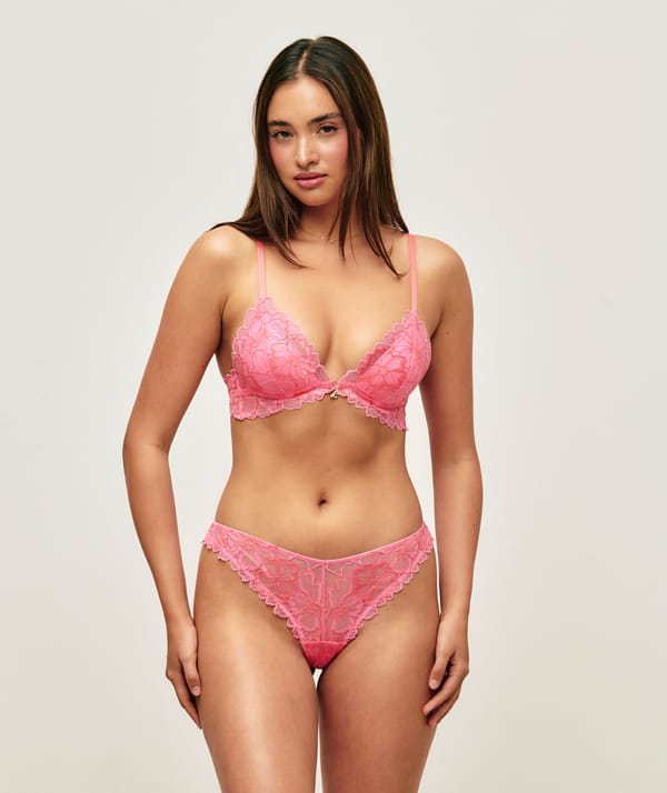 Floral lace push-up triangle bra with flower jewel;