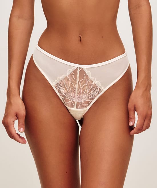Mesh thong with floral embroidery;