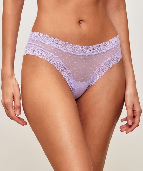 Cheeky in mesh and lace with polka dot embroidery;