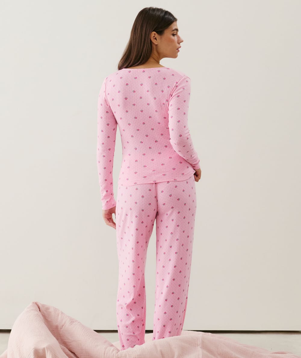 Wrap-front pointelle T-shirt with strawberry pattern;