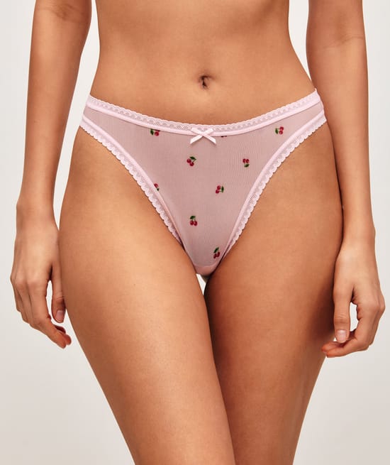 Vichy print mesh thong with hearts;