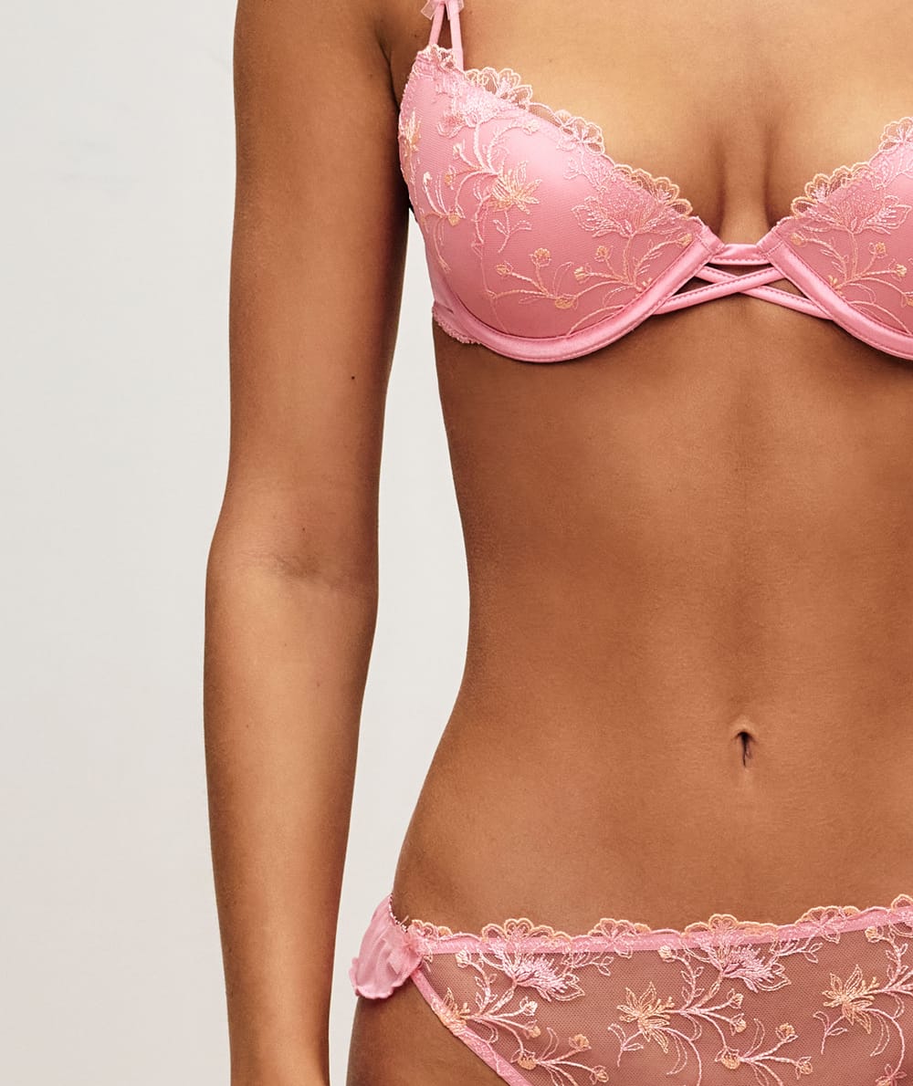 mesh push-up bra with floral embroidery and bows;