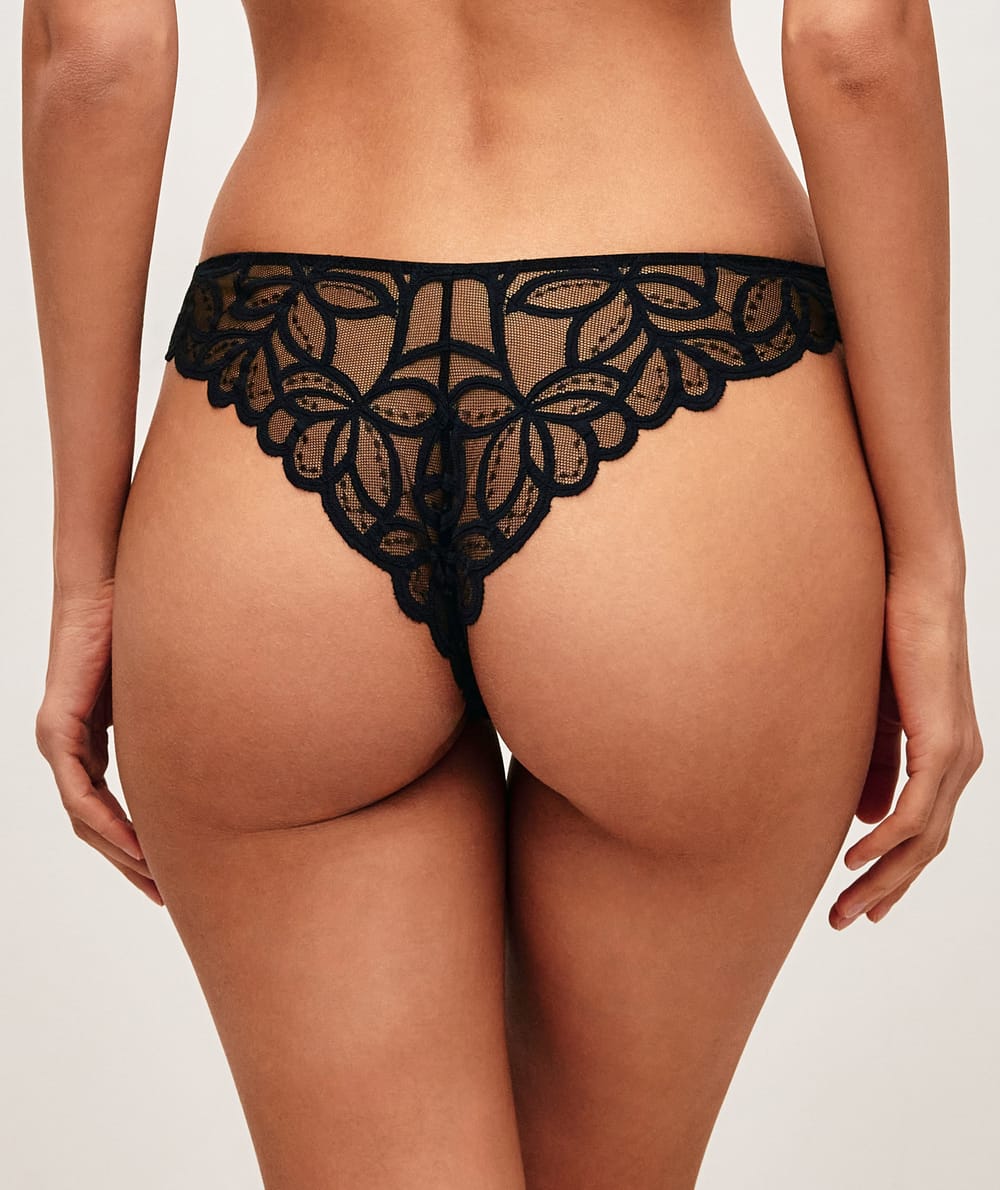 Mesh thong with floral embroidery;