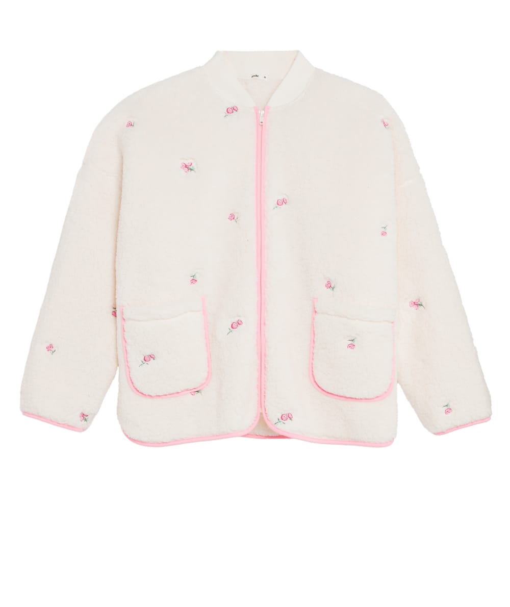 Fleece jacket with embroidered floral patterns;