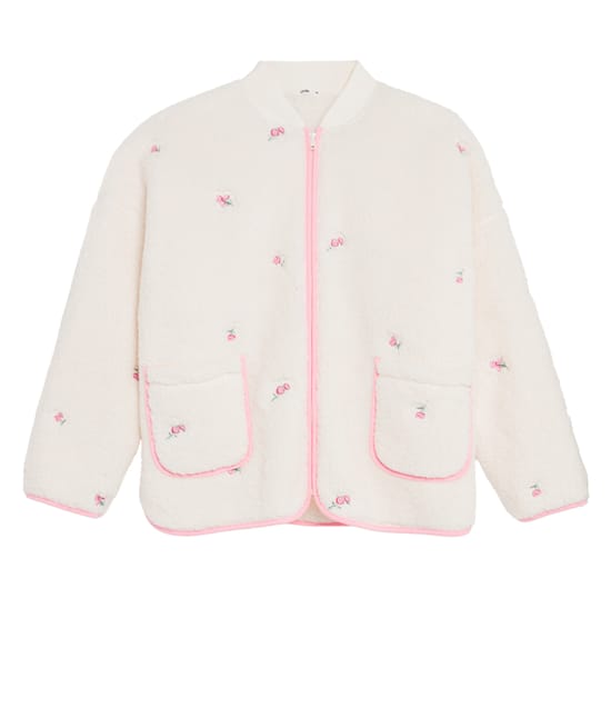 Fleece jacket with embroidered floral patterns;