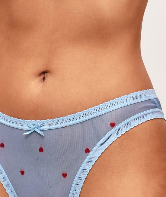 Mesh thong with heart print;