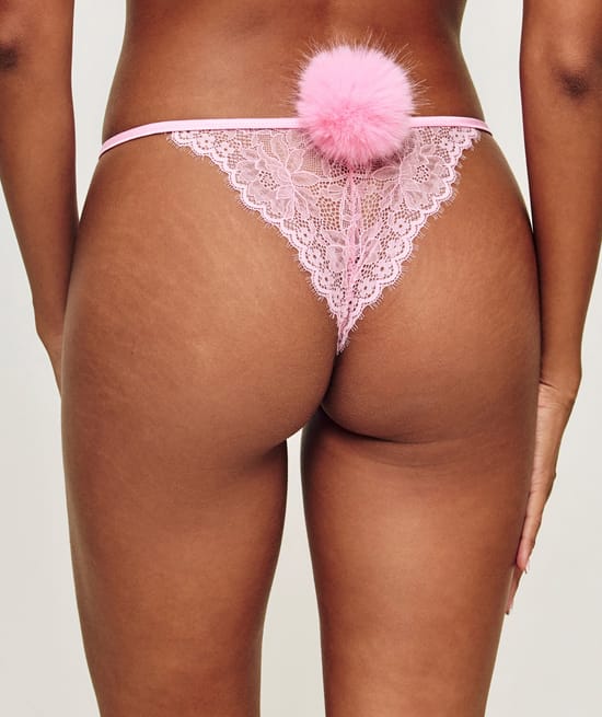 Satin and lace thong with pompom;