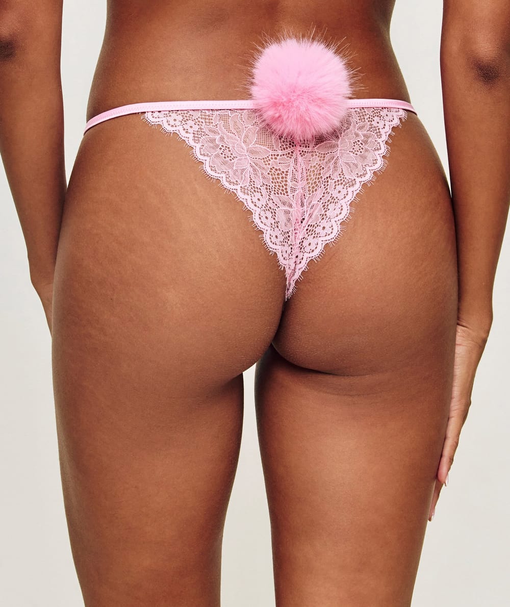 Satin and lace thong with pompom;