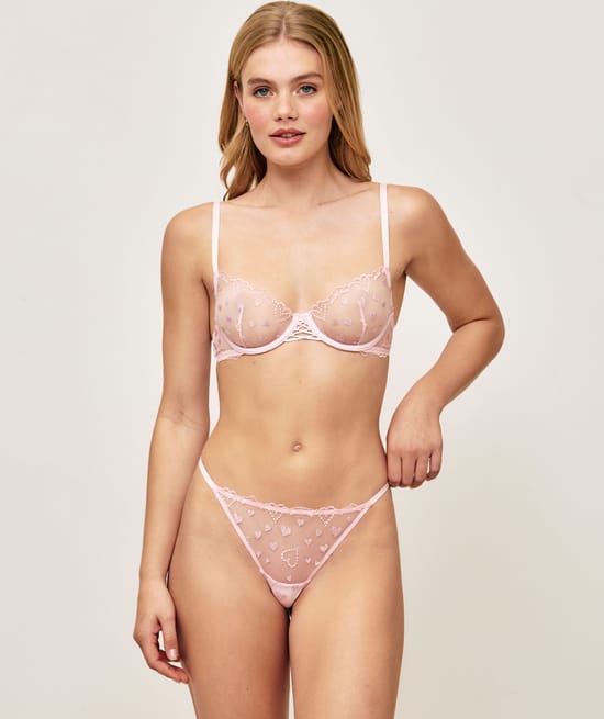 Balconette bra in mesh with heart embroidery;
