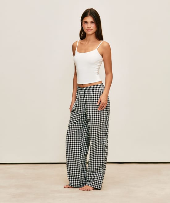 Pantalon en popeline imprim&eacute; vichy;
