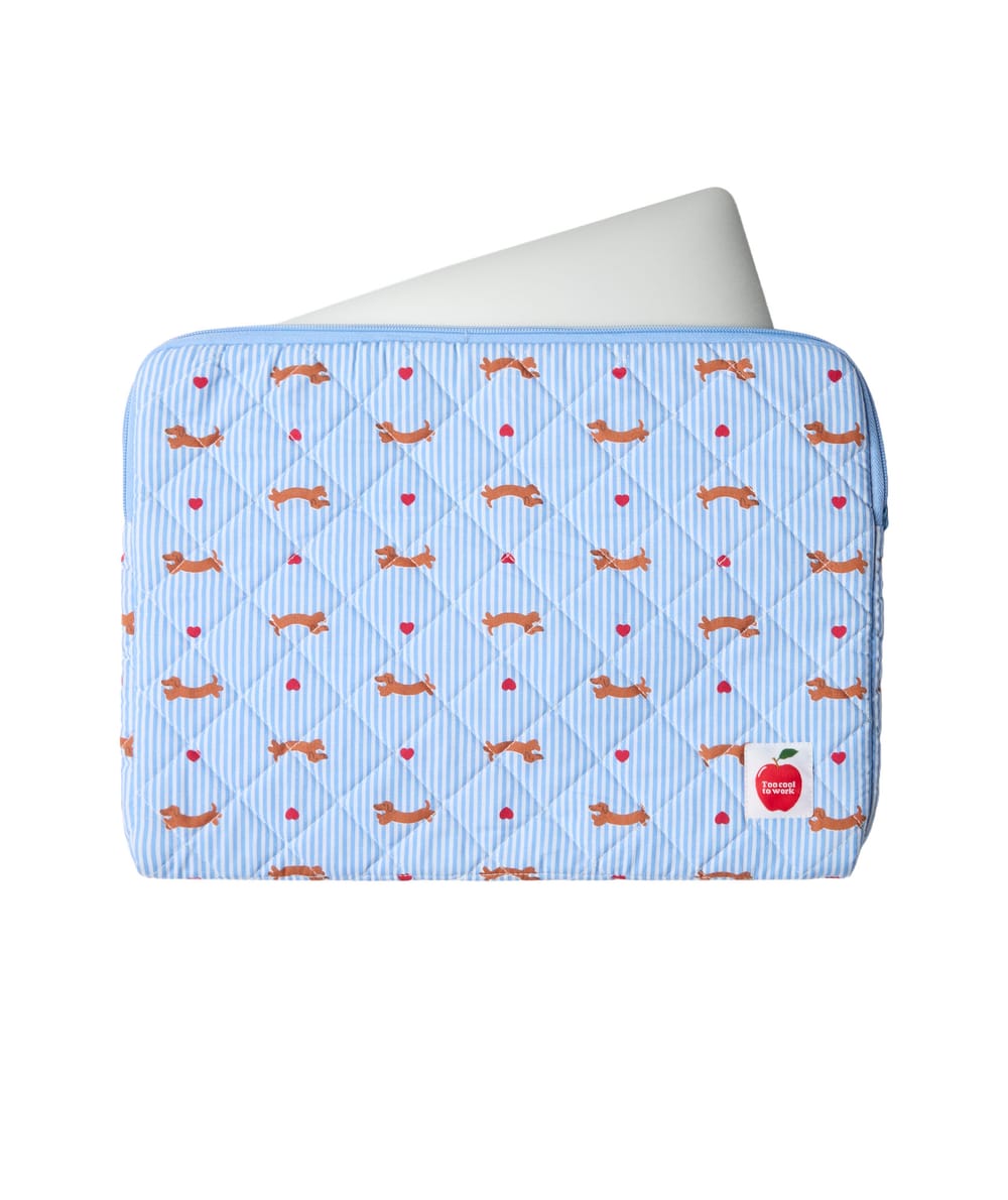 Laptop sleeve with printed dachshunds and stripes;