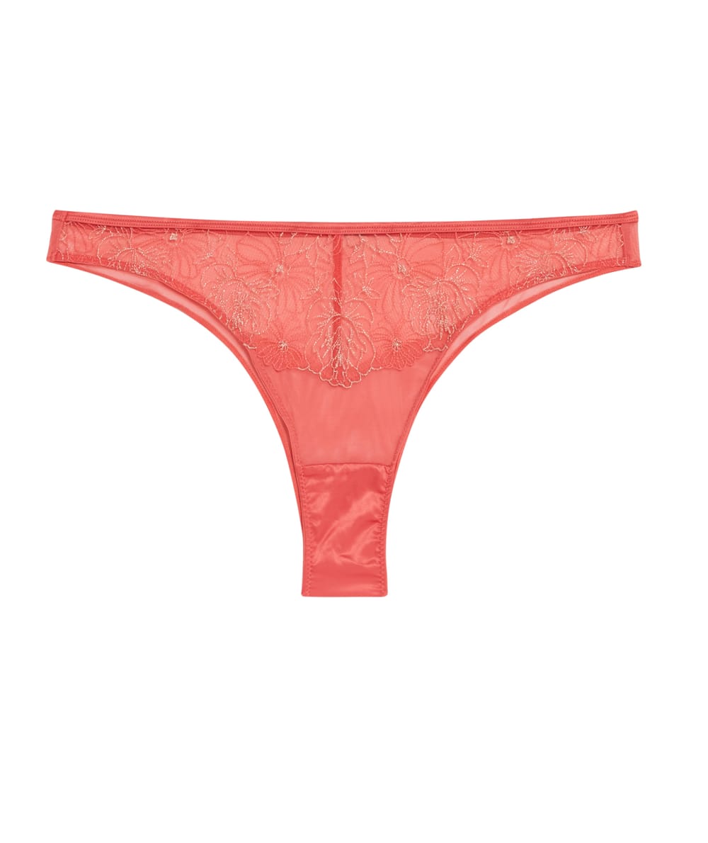 Tanga en mesh brodé fleuri rose;