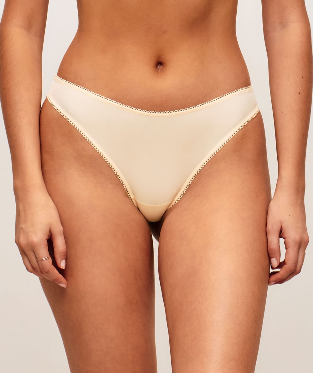 Microfiber and mesh thong with embroidered lemons;