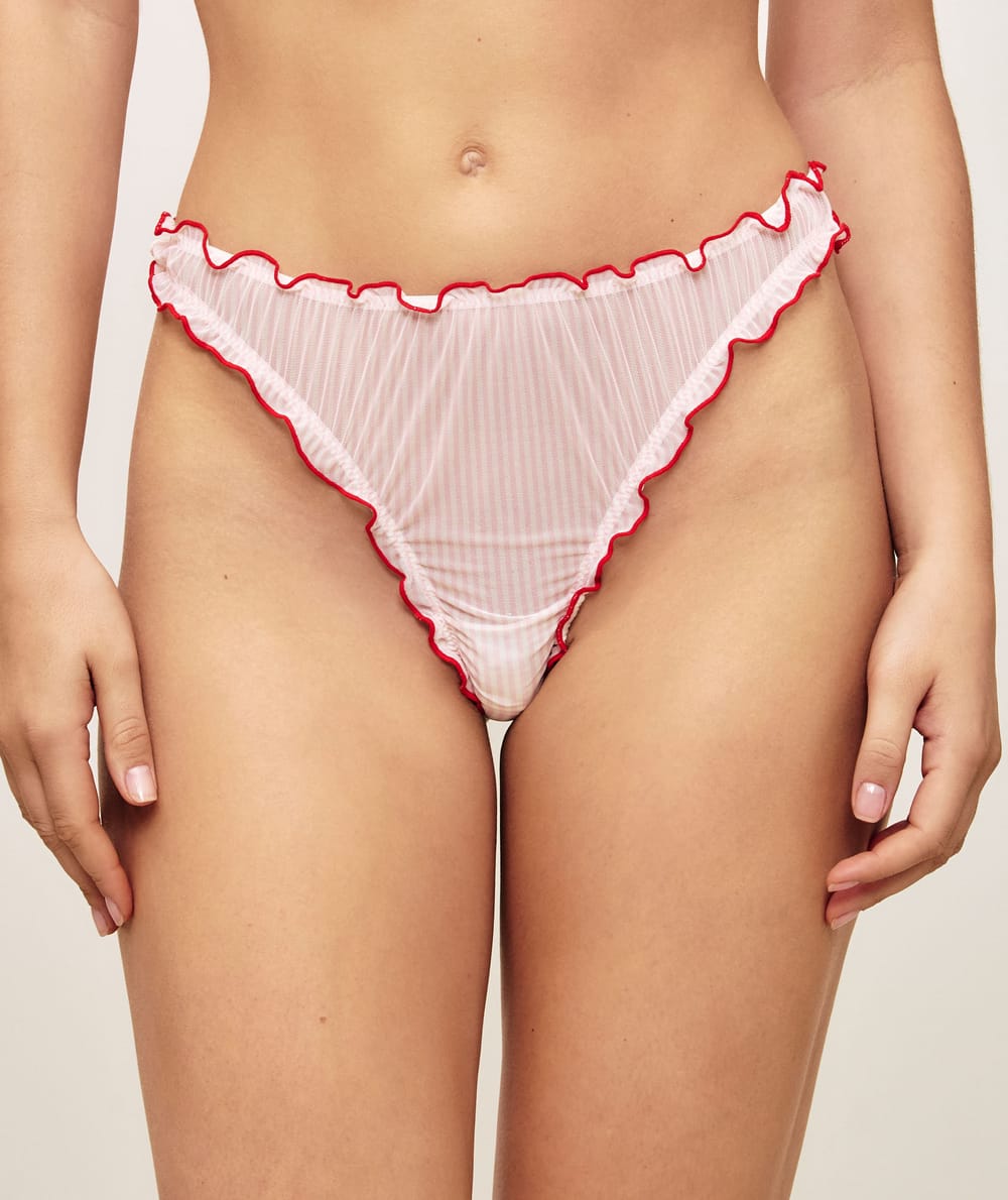 String fronc&eacute; en mesh &agrave; rayures avec broderie c&oelig;ur;