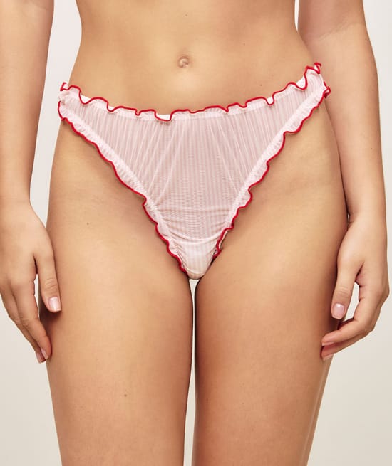 String fronc&eacute; en mesh &agrave; rayures avec broderie c&oelig;ur;