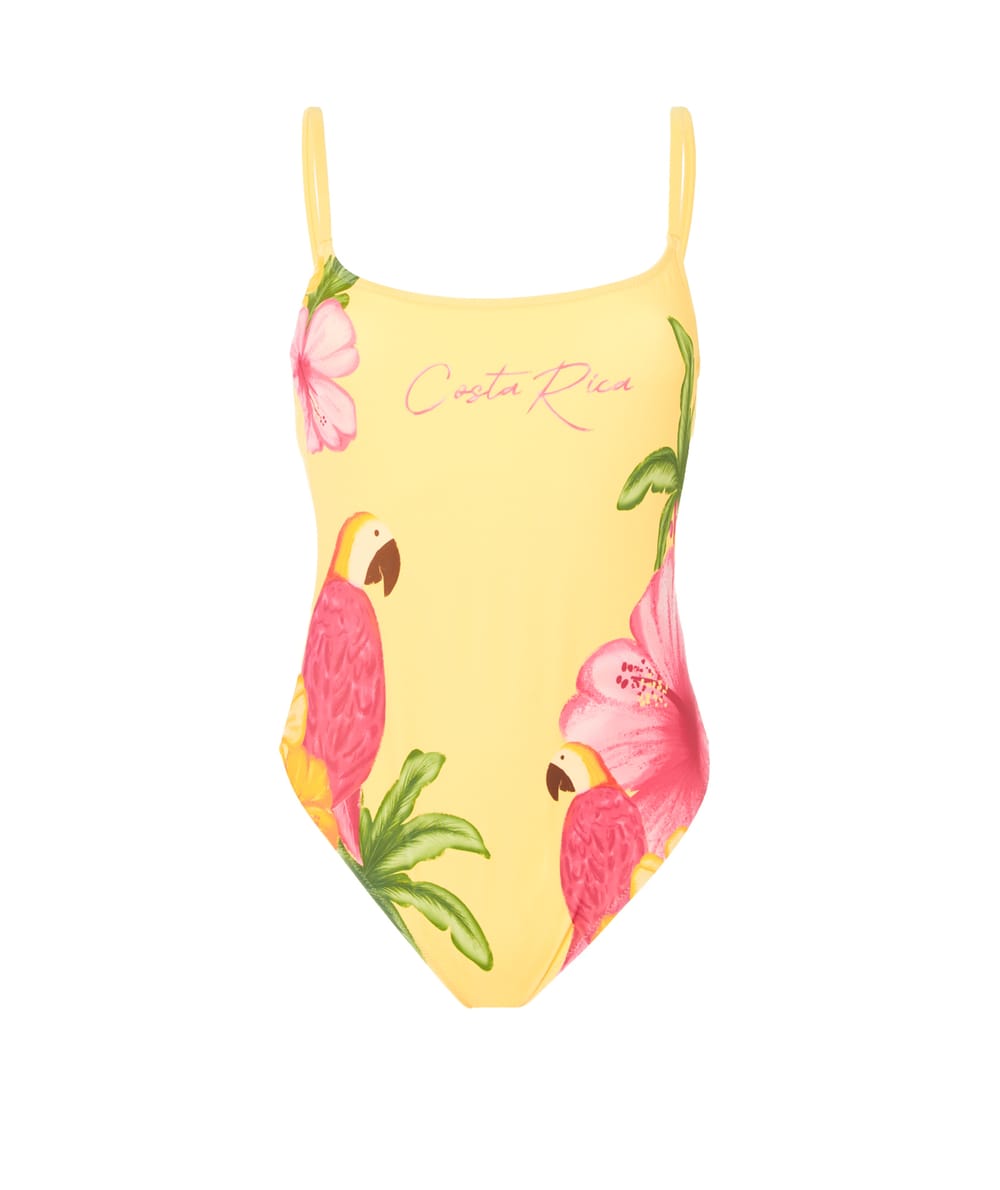 tropical printed one-piece swimsuit;