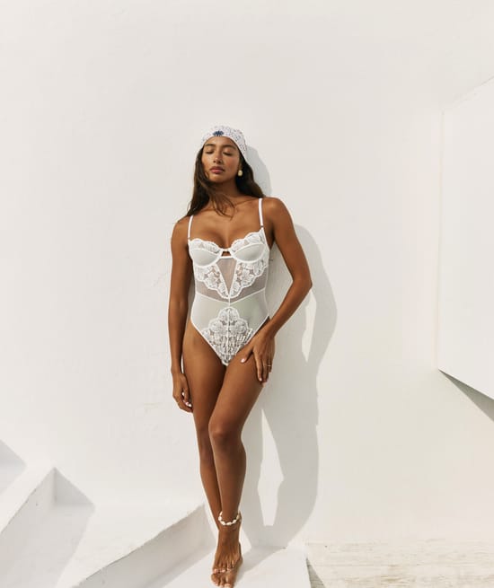 Lace balconette bodysuit;