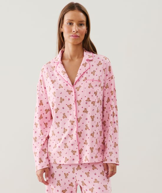 Ribbed jersey shirt with teddy bear pattern;