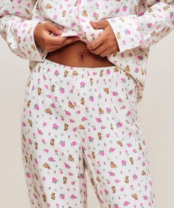 Flannel pants with a floral and rabbit print;