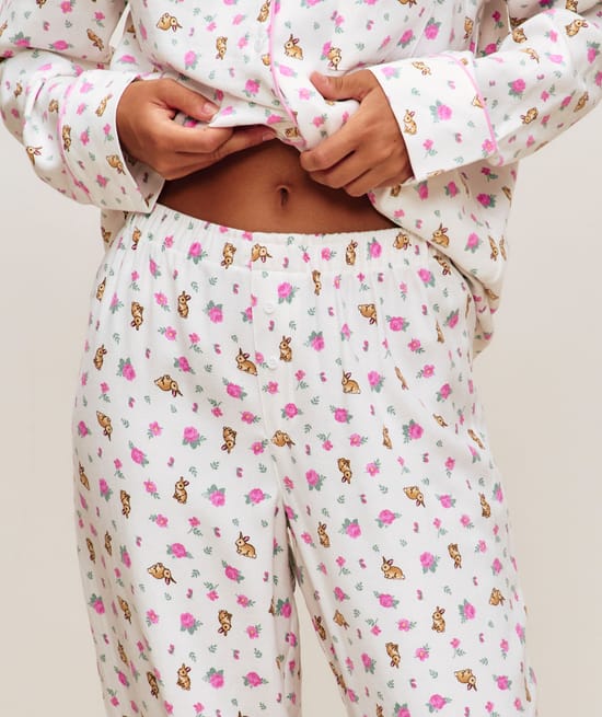 Flannel pants with a floral and rabbit print;