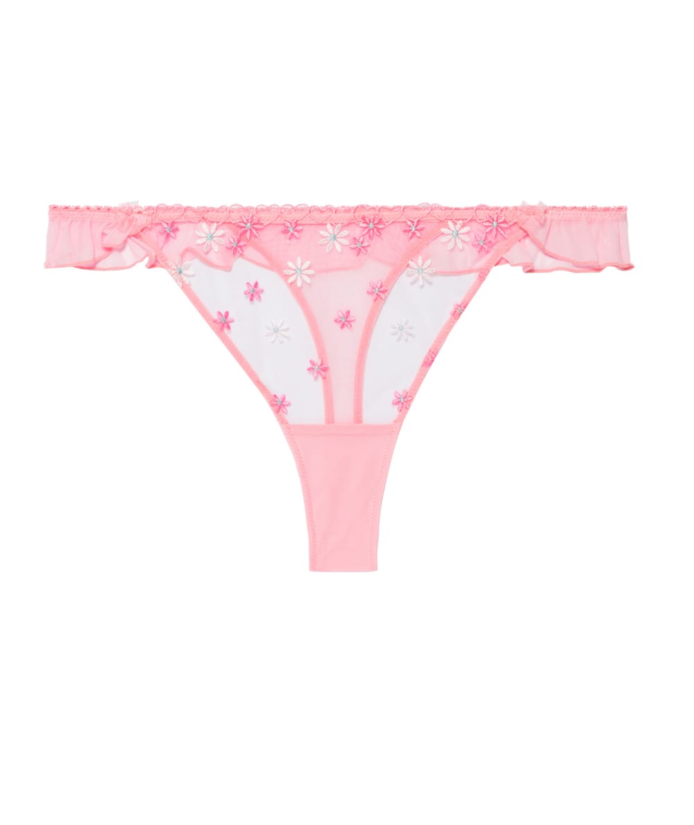 String with embroidered floral patterns;